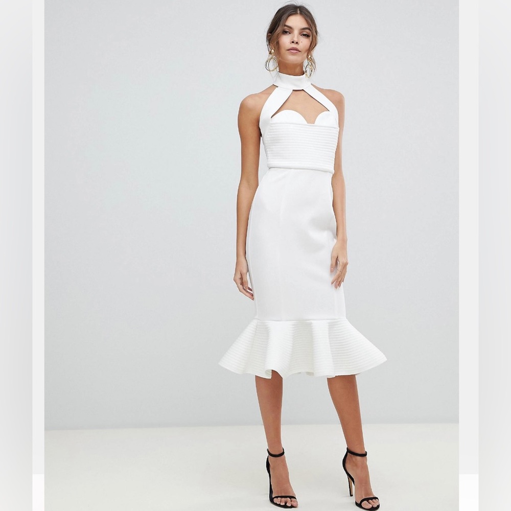 White midi bodycon dress with chain back detailing